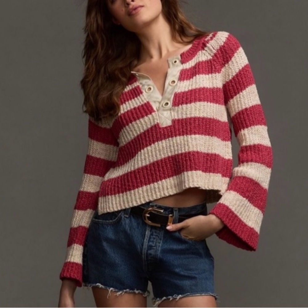 Pilcro Anthropologie Cotton Blend Striped Henley Crop Sweater - Red & Cream